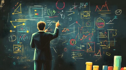 A 2D illustration of a teacher writing on a chalkboard with colorful diagrams and symbols, hyper-realistic, high quality, sharp images