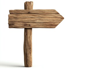 Wooden arrow signpost on white background. Rustic wooden direction sign for guiding or pointing the way. Empty space for text.