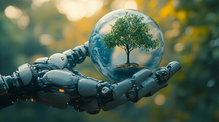 A Robotic Hand Protecting a Small Tree Inside a Glass Sphere