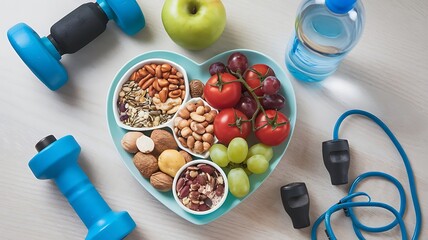 Healthy lifestyle concept featuring a heart-shaped plate filled with nutritious foods and fitness gear on a wooden background. Perfect for promoting wellness, balanced diet, and exercise routines.