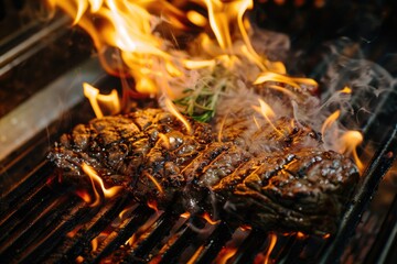 Grilled beef steak with intense flames, close-up view