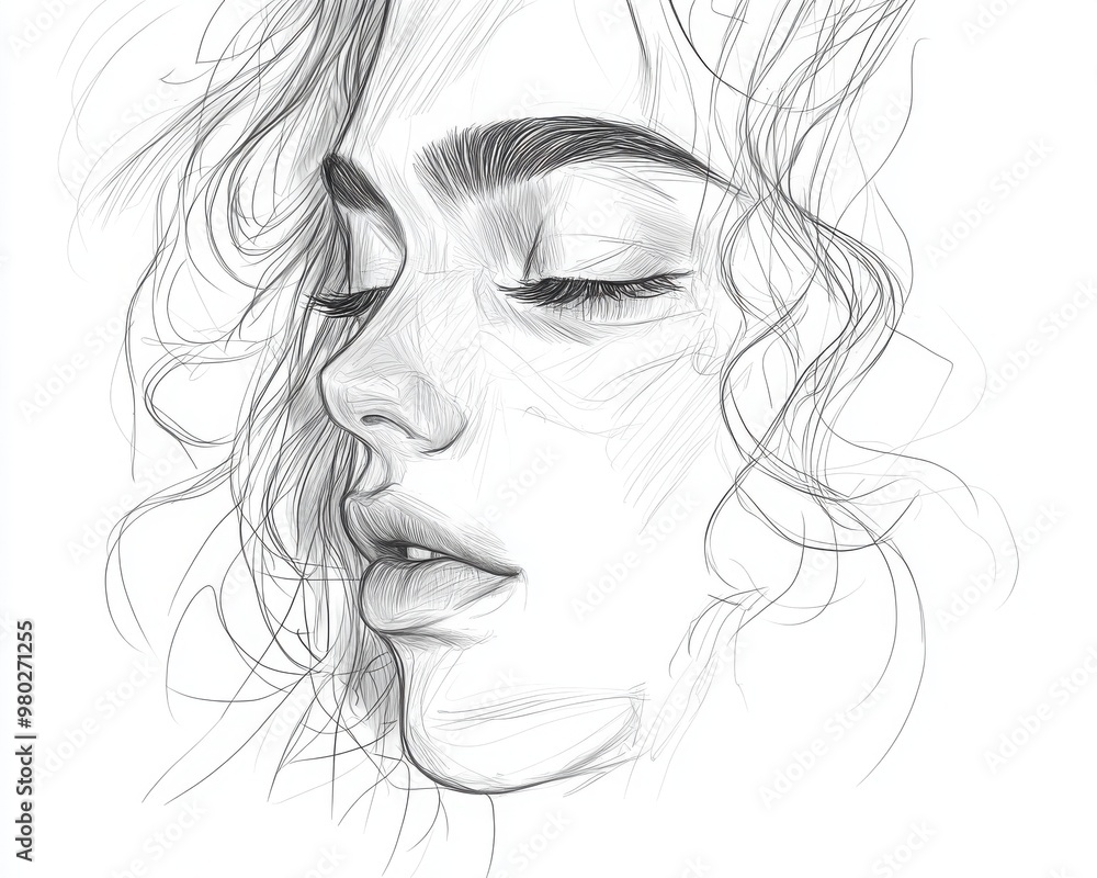 Poster A delicate sketch of a woman's face, capturing graceful features and soft expressions in a minimalist artistic style.