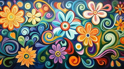 Naklejka premium A vibrant mural featuring colorful flowers and swirling patterns that evoke joy and creativity in an artistic setting.