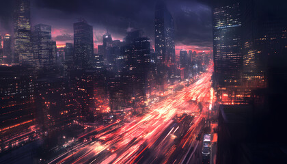 Fototapeta premium A bustling city at night, with skyscrapers illuminated and traffic creating streaks of light