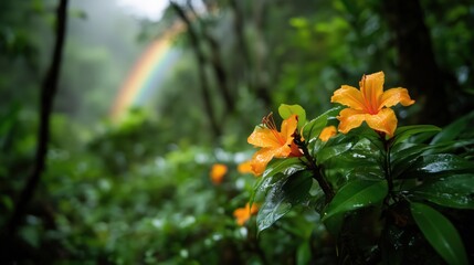 Tropical rainforest tranquility with vibrant rainbow for nature posters