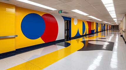Vibrant hallway featuring colorful mural with geometric shapes, modern architecture, and bright flooring design.