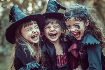 Fototapeta premium High-resolution photorealistic photograph of kids dressed as witches and vampires, laughing together on Halloween night. The photograph features ample space for text, styled like a premium lifestyle