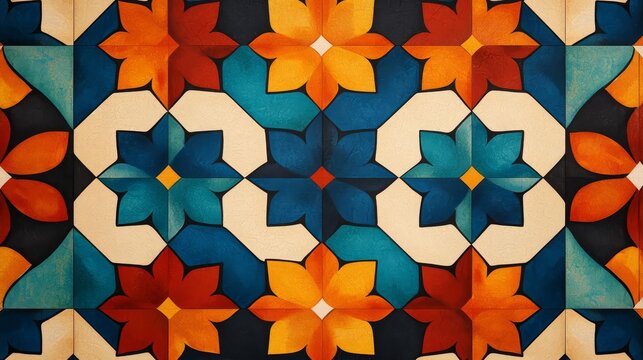 Vibrant geometric pattern featuring colorful flowers in a symmetrical design, perfect for art and decor projects.
