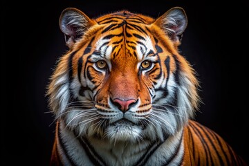 Fototapeta premium Against a stark black backdrop, a majestic tiger's striking features and vibrant orange fur boldly take center stage in a powerful minimalist portrait.