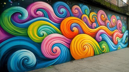 Vibrant mural featuring colorful waves in a range of shades, creating an energetic and playful urban artwork.
