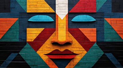 Fototapeta premium Vibrant mural featuring geometric patterns and a colorful face design, showcasing modern street art and cultural expression.
