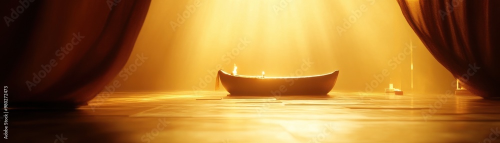 Poster a serene scene featuring a boat illuminated by warm golden light, creating a tranquil and inviting a