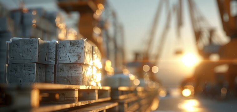 A close-up view of stacked cargo near a port at sunset, showcasing logistics and transportation in a vibrant industrial setting.