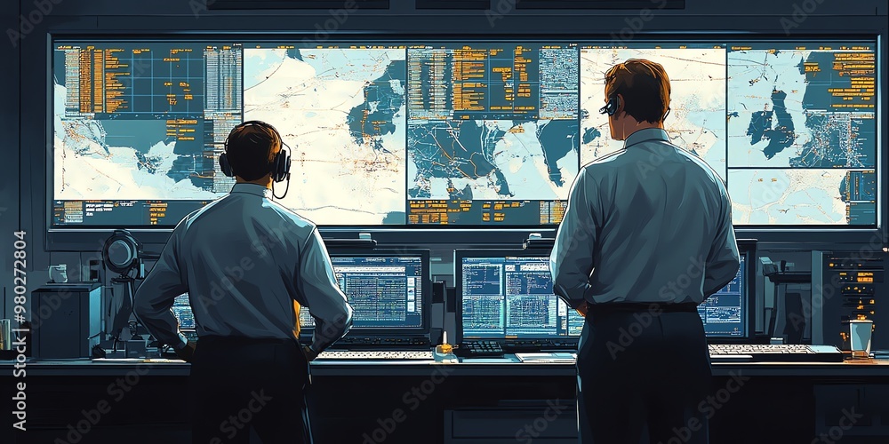 Poster two men in a dark room, looking at data on a large monitor. one man is standing behind the desk, and