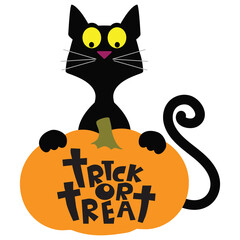 Funny Halloween black cat with pumpkin vector cartoon illustration