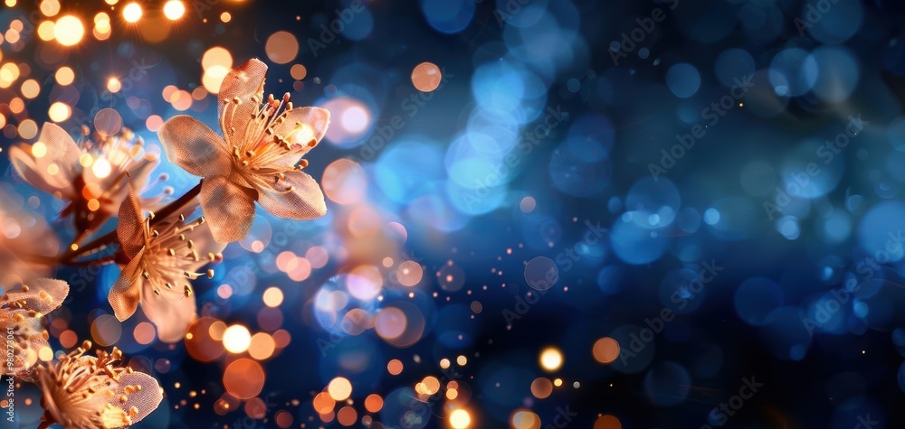 Poster delicate flower petals shimmer amidst a backdrop of colorful bokeh, creating a vibrant and enchantin