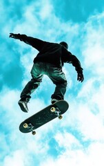 A skateboarder performing an aerial trick against a vibrant blue sky, showcasing athleticism and adventure in the sport.