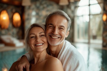 High-resolution brightly lit photorealistic photograph of a senior couple smiling peacefully during a massage in a luxurious spa, exuding happiness. The image is styled like a high-end lifestyle