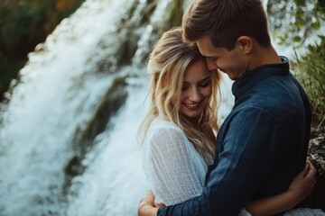 Fototapeta premium High-resolution brightly lit photorealistic candid photograph of a young couple standing close together by a waterfall, their faces lit with joy and love. The photograph is styled like a high-end