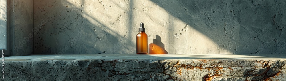 Aufkleber elegant amber bottle on a textured stone surface, illuminated by soft sunlight, creating a serene an