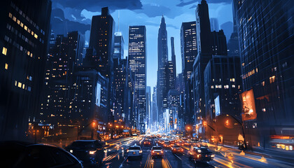Fototapeta premium A bustling city at night, with skyscrapers illuminated and traffic creating streaks of light