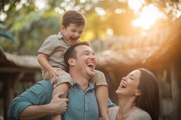 Naklejka premium High-resolution brightly lit photorealistic candid photograph of a father lifting his son on his shoulders while the mother laughs, set against a zoo backdrop with soft, creamy bokeh. The scene is