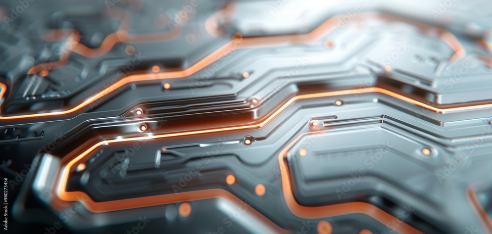 Poster Close-up view of a modern circuit board showcasing intricate patterns and glowing traces in a sleek design.