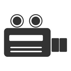 Retro Movie Camera Icon in Black and White. Simplistic silhouette of a vintage film camera. Perfect for use in cinema-related designs and film production themes.