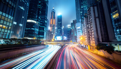 Naklejka premium A bustling city at night, with skyscrapers illuminated and traffic creating streaks of light