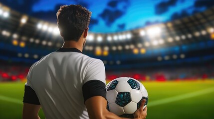 From behind, a soccer player grips a ball in an evening-lit stadium. The wide-angle shot captures the anticipation, with professional color grading and 16k resolution.
