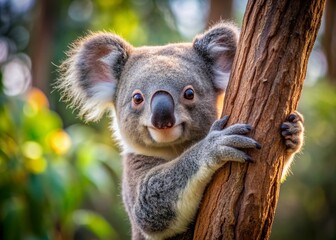 Fototapeta premium Adorable koala bear climbs up tree trunk, grasping with one hand, flashing a charming smile directly at the camera, showcasing its captivating innocence.