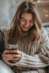 Fototapeta premium Happy woman in cozy sweater enjoying her smartphone at home comfortably
