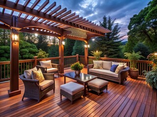 A beautifully staged deck with a classic mahogany stain and elegant wicker furniture under a lattice pergola, enhanced by ambient lighting for evening enjoyment.