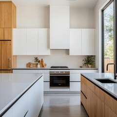 Bright kitchen with glossy counters, minimal decor, wide-angle view, soft morning light, Sony a7 III high-res