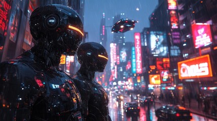 Cyberpunk Robots in Neon Cityscape Generative AI