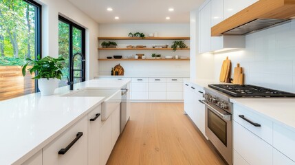 Fototapeta premium Bright kitchen with sleek countertops, minimal utensils, large windows, sunlit space, wide-angle, Sony a7 III
