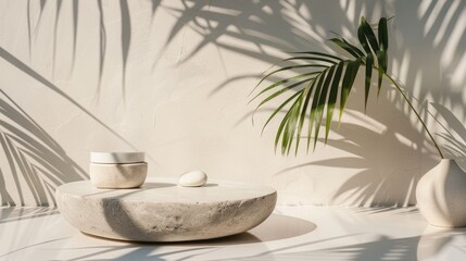 Chic product display on polished stone with palm leaves shadow, raw photo
