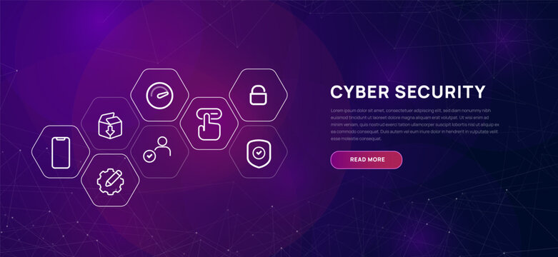 Cyber security concept blue purple header design futuristic icon of lock shield cyber threat secure protection banner graphic