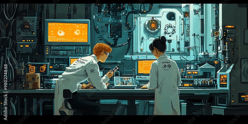 Poster two scientists work in a futuristic laboratory, one using a tool, the other analyzing data on a comp