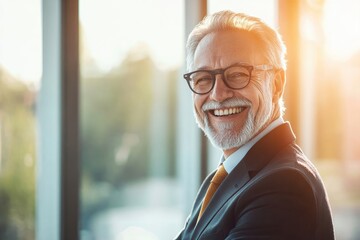 High-resolution brightly lit photorealistic candid photograph of a joyful senior businessman styled like a high-end lifestyle magazine. The light, bright ambiance amplifies his happiness.