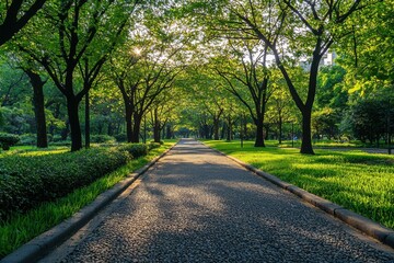 Fototapeta premium Sunlit Path Through Green Trees.