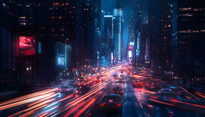 Obraz premium A bustling city at night, with skyscrapers illuminated and traffic creating streaks of light