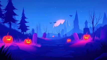 Spooky Halloween landscape with glowing jack o lanterns and castle silhouette