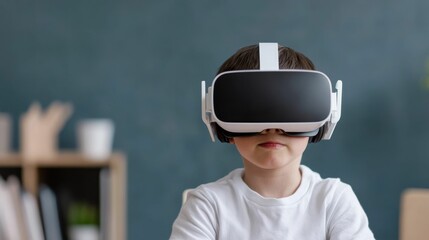 A young boy sitting and exploring virtual reality technology during an educational session, engaging with modern learning techniques.