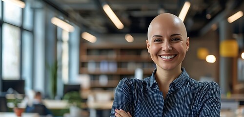 Joyful bald female office worker celebrates diversity and inclusion at work.