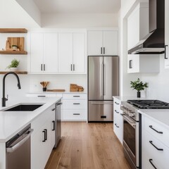 Fototapeta premium Minimalist kitchen with stainless steel appliances, white quartz countertops, airy space, soft natural light, Sony a7 III wide angle