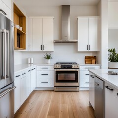Minimalist kitchen with stainless steel appliances, white quartz countertops, airy space, soft natural light, Sony a7 III wide angle