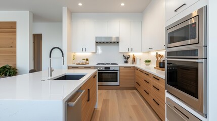 Fototapeta premium Modern kitchen with sleek white countertops, spacious design, no clutter, bright lighting, Sony a7 III, wide shot