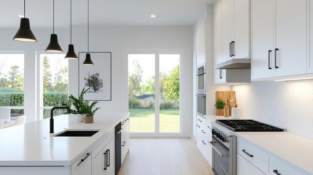 Modern kitchen with sleek white countertops, spacious design, no clutter, bright lighting, Sony a7 III, wide shot