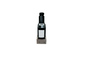 A photos of black and silver solenoid valve for mock up, png format, transparent background.
